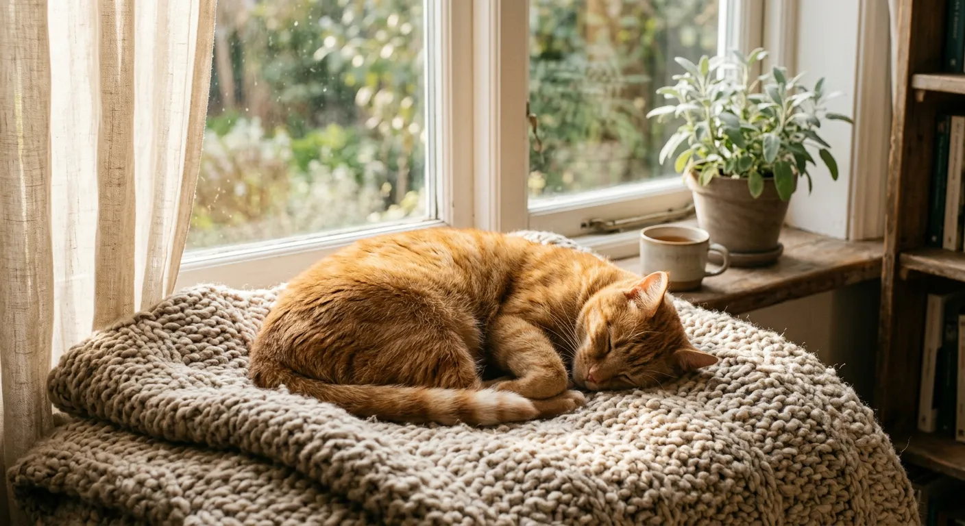 A calm orange tabby cat curled up asleep on a cozy knit blanket