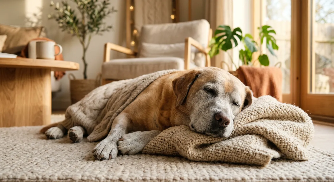 A gentle senior dog resting peacefully in warm sunlight