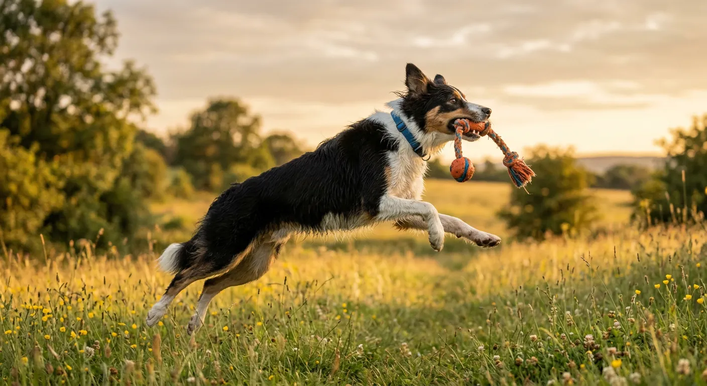 An athletic border collie leaping joyfully in a sunlit meadow
