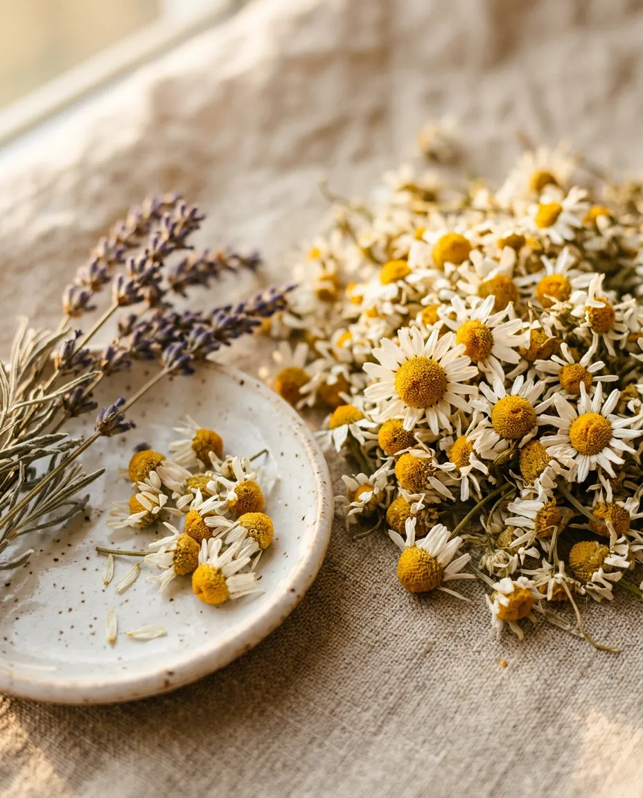 Macro photograph of dried chamomile flowers and lavender sprigs on oatmeal linen