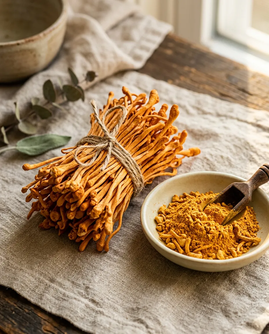 Macro photograph of bright orange dried cordyceps stalks beside a dish of golden powder