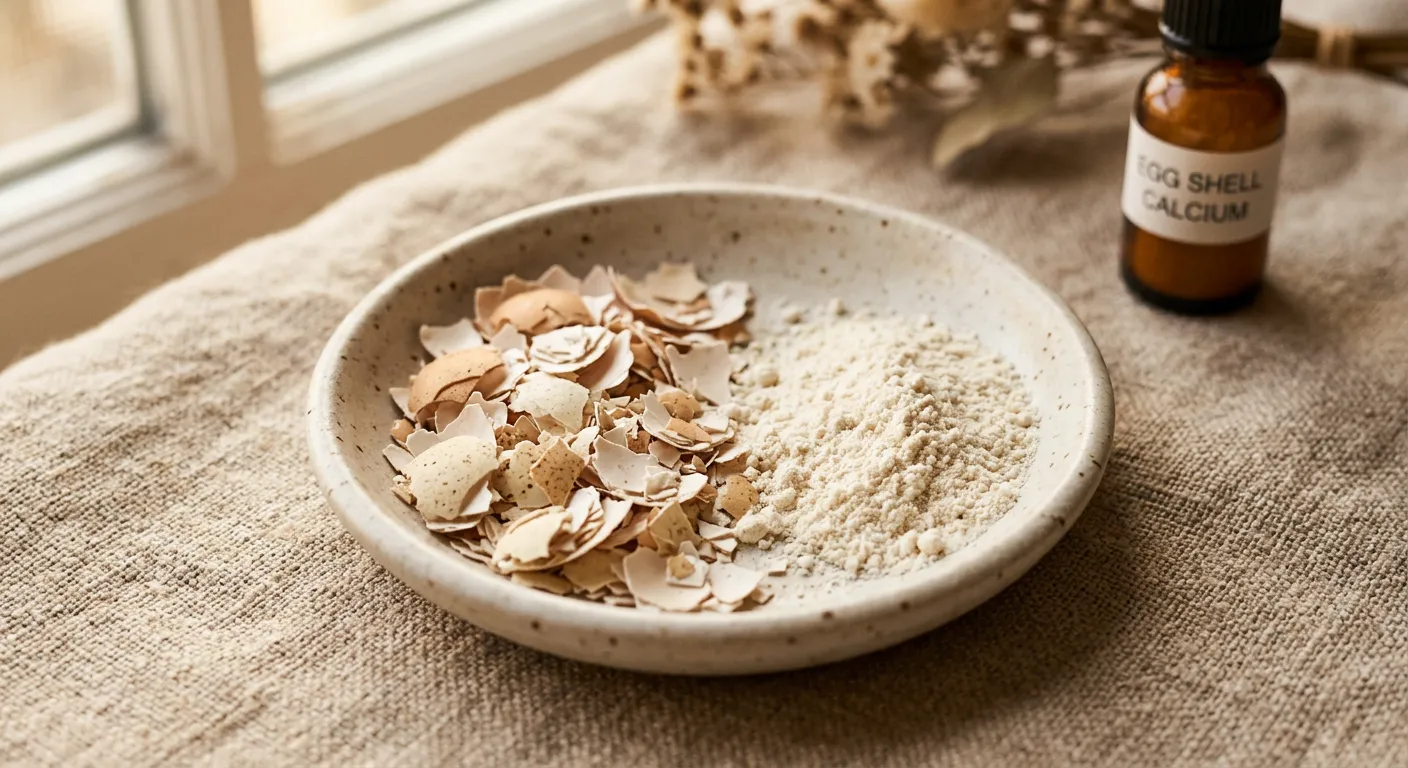 Macro photograph of crushed eggshells and fine eggshell calcium powder in a ceramic dish
