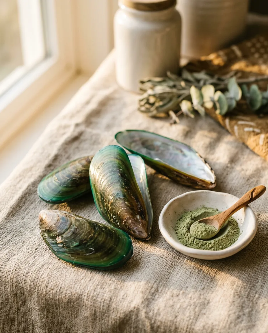 Macro photograph of iridescent green-lipped mussel shells and fine green powder on linen