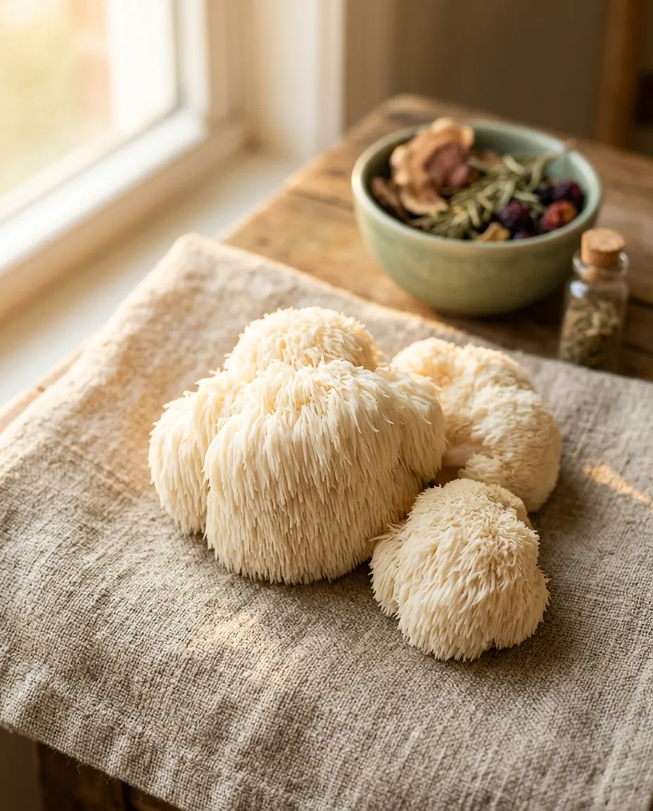 Macro photograph of a creamy white shaggy lion's mane mushroom on oatmeal linen