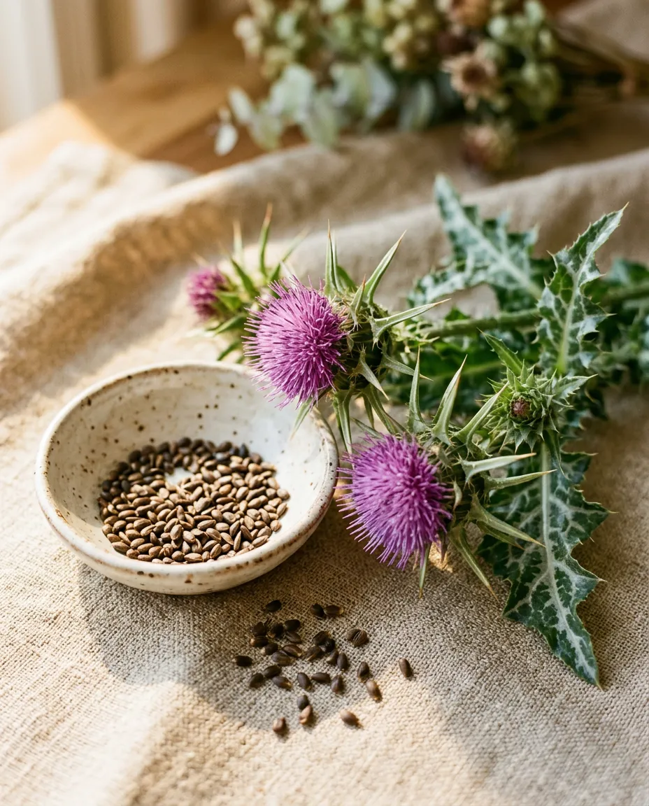 Macro photograph of purple milk thistle flowers with silvery leaves and seeds in a dish