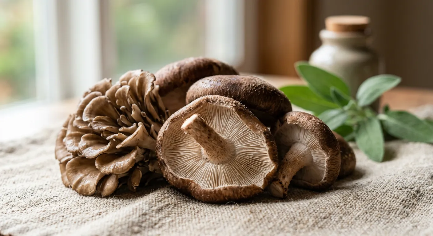 Macro photograph of fresh organic shiitake and maitake mushrooms on linen