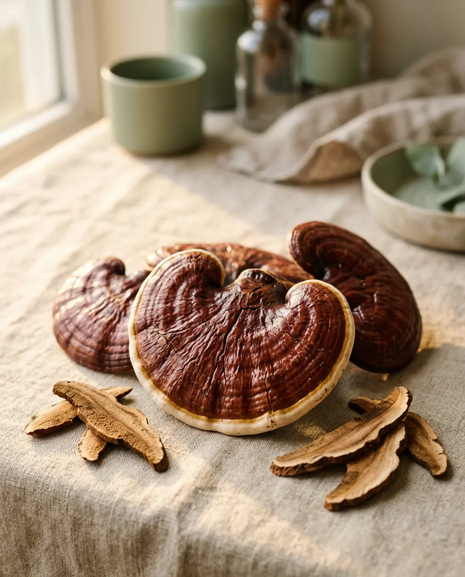 Macro photograph of glossy mahogany reishi mushroom caps and dried slices on oatmeal linen