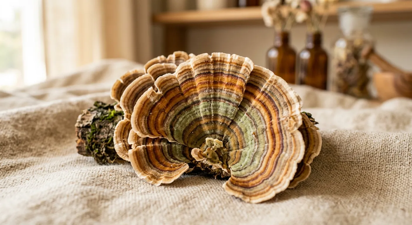 Macro photograph of banded turkey tail mushroom fans in cream, amber and sage tones