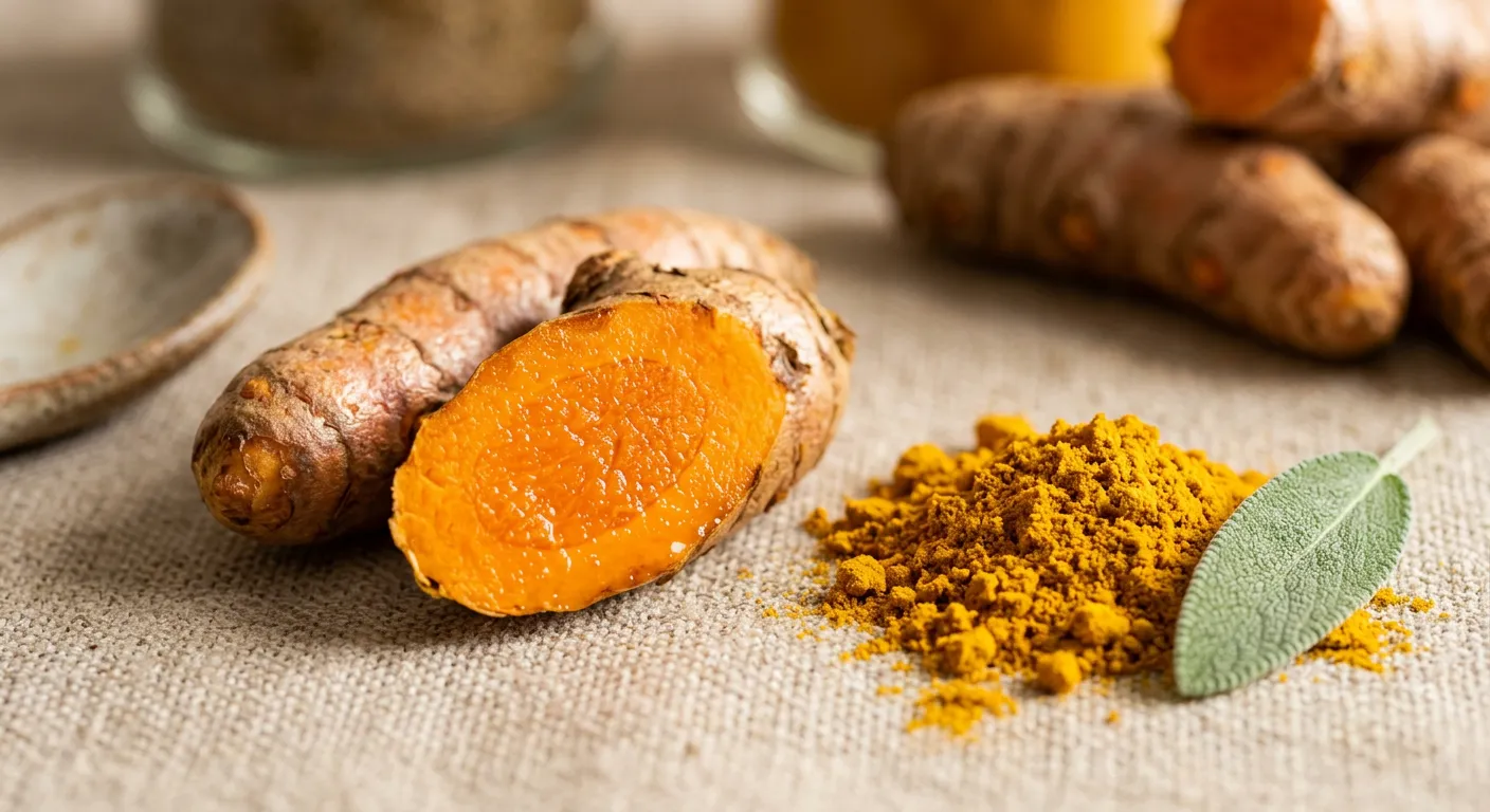 Macro photograph of freshly sliced raw turmeric root with golden powder on oatmeal linen
