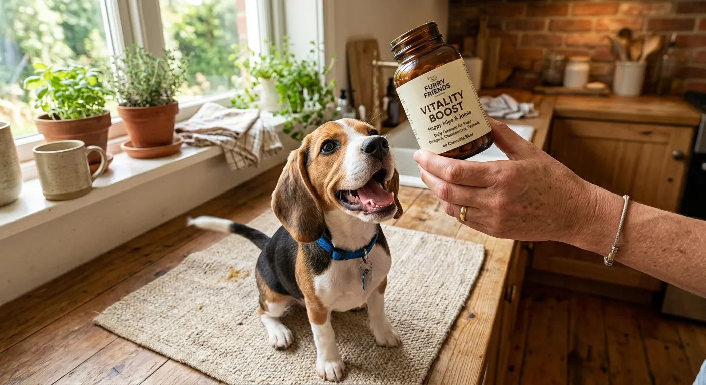 A happy beagle puppy looking up at a PetScience supplement bottle