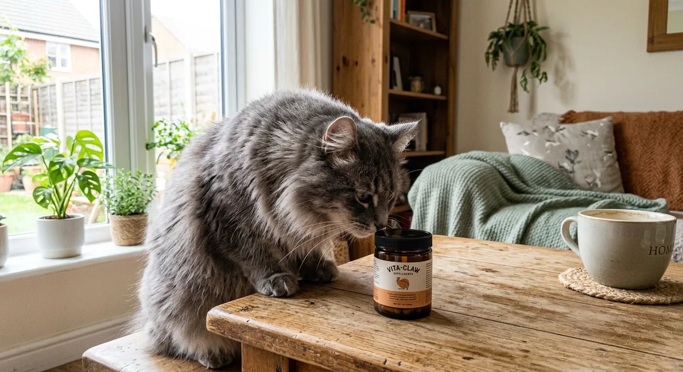 A fluffy grey cat sniffing a PetScience supplement jar on a wooden table