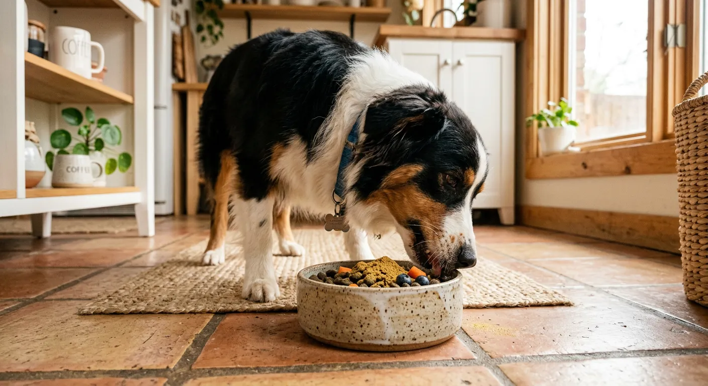 An australian shepherd eagerly eating from a bowl topped with golden supplement powder