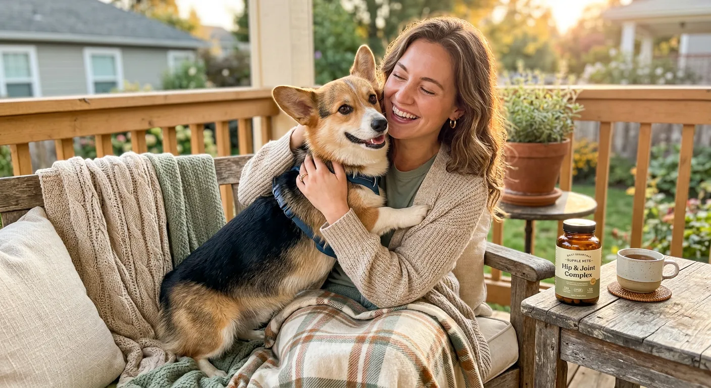 A woman hugging a corgi on a sunny porch with a PetScience bottle nearby